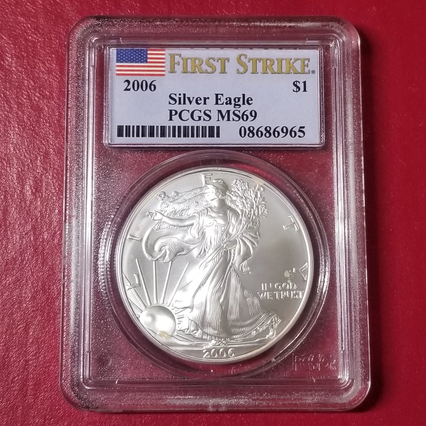 PCGS MS69 2006 Silver Eagle First Strike Flag Label