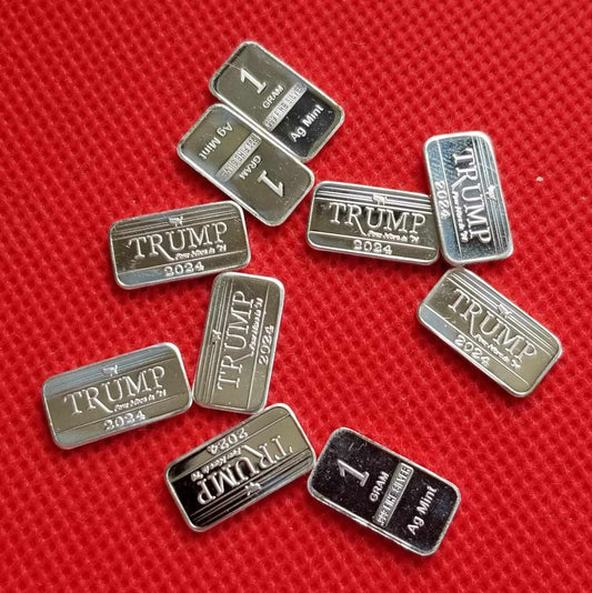 One Gram .999 Silver Bars  Trump 2024 Design   Lot of 10