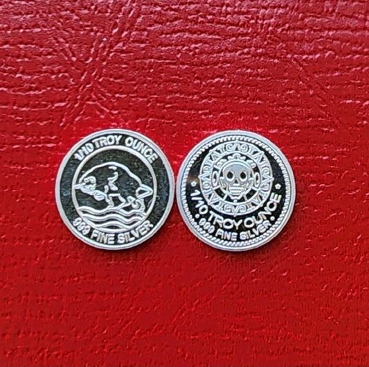 One Tenth  Troy Oz.  .999 Silver Round - Bull & Skull