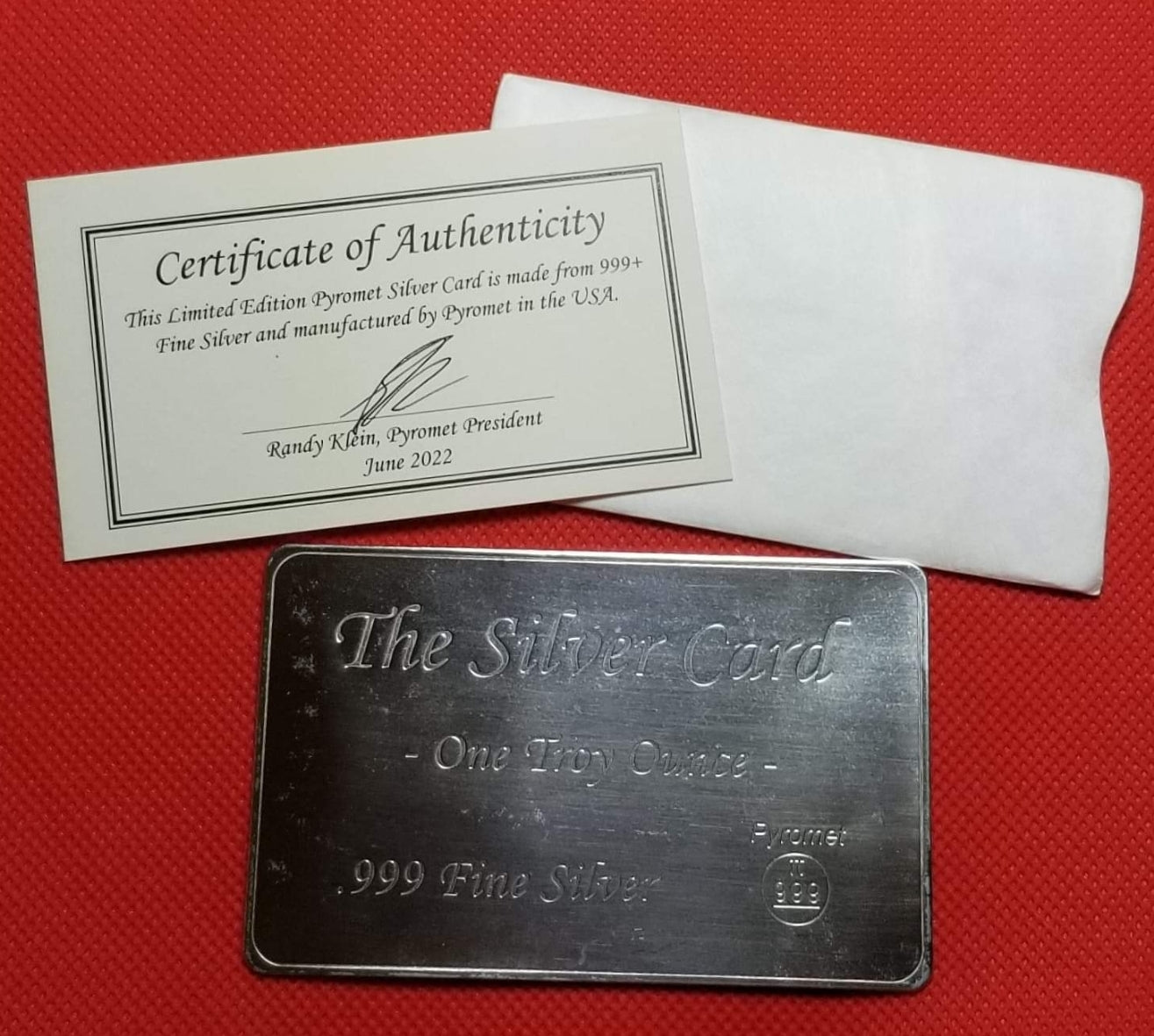 One Troy Oz. .999 Silver Card with COA